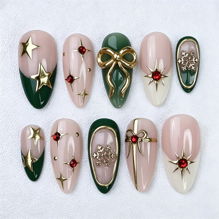Festliches, thematisches Press-On Nageldesign-Set mit Gold- und Edelsteinelementen Karnz