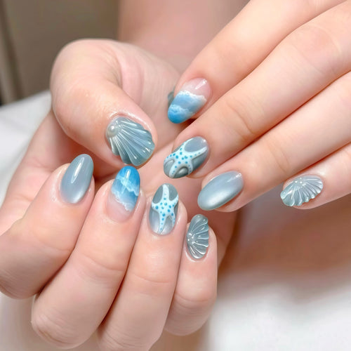 Vom Ozean inspiriertes Press-On Nagelkunst Set