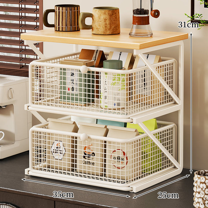 Küchenarbeitsplatte Kaffee Station Organizer mit Holzoberfläche und Metalldrahtkorb