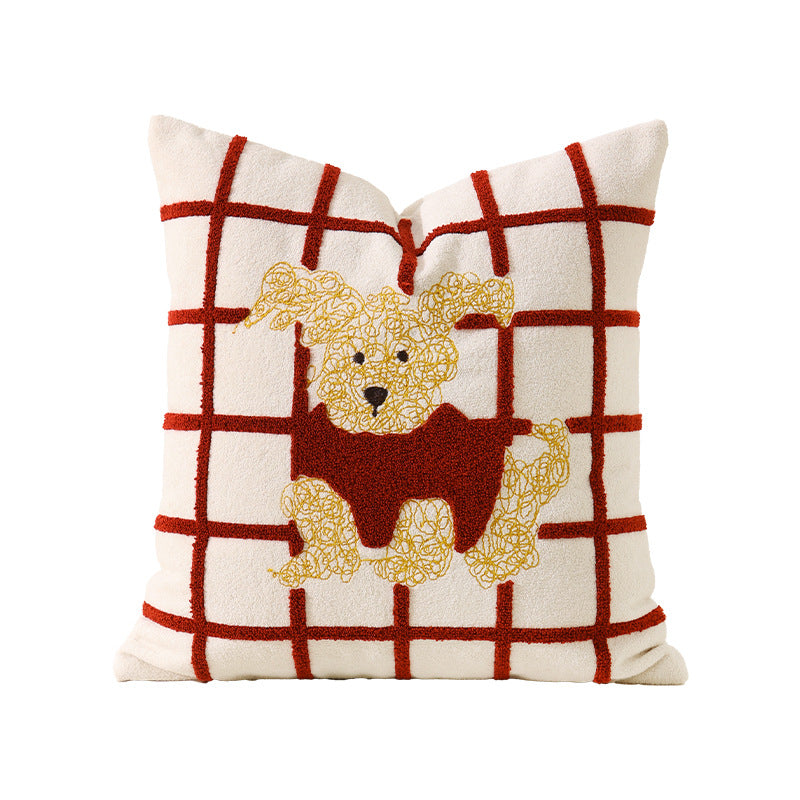 Quadratisches Zierkissen mit gestickter Hunde-Applikation und weichem Baumwoll-Mix