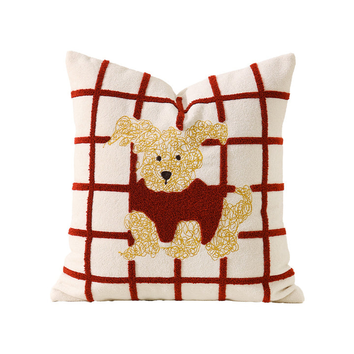 Quadratisches Zierkissen mit gestickter Hunde-Applikation und weichem Baumwoll-Mix