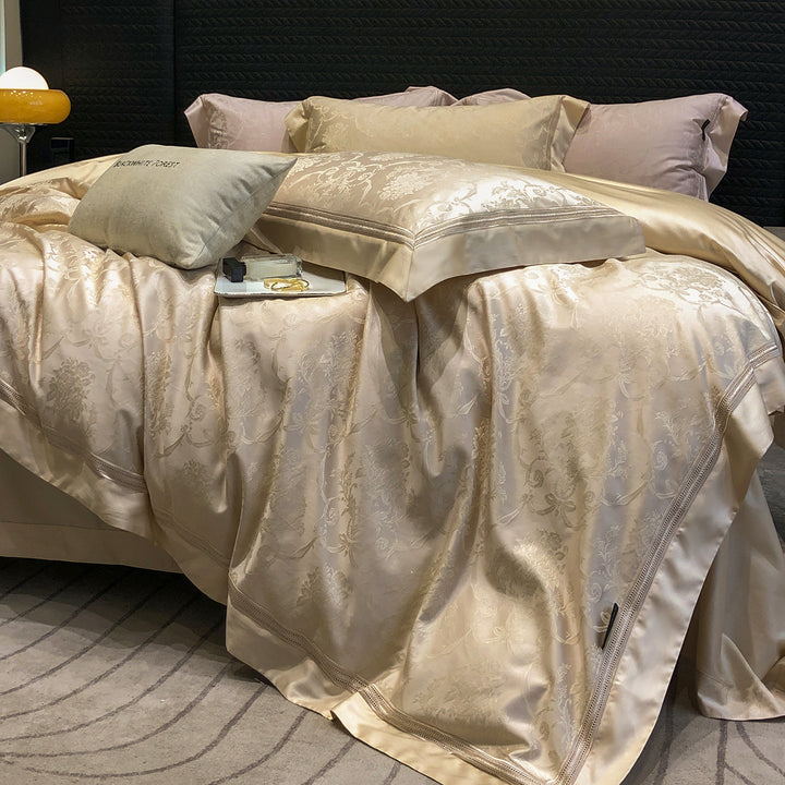 Premium-Baumwollsatin-Bettwäschegarnitur mit strukturierter Matelassé-Bordüre und Hotelverschluss