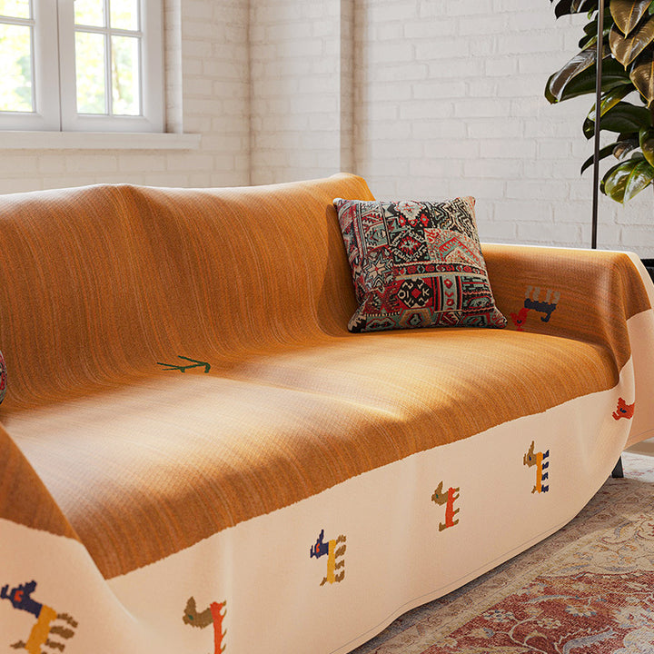 Reversible Oversized Woven Jacquard Sofa Slipcover Blanket with Tribal Stripe Pattern