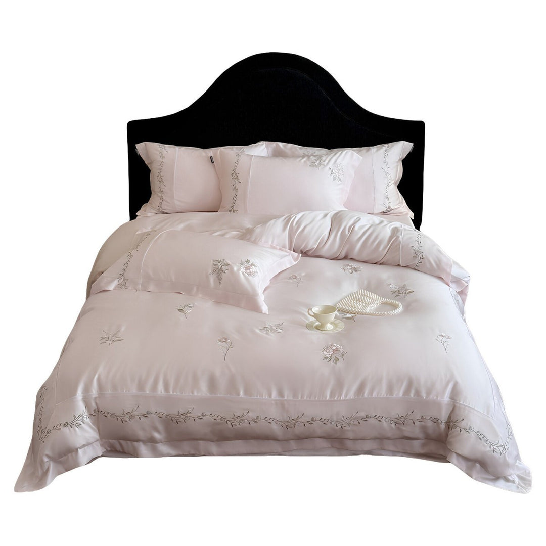 Seiden-ähnliches floral gesticktes Satin Bettbezug Ensemble mit dekorativem Flansch und Rückenkissen