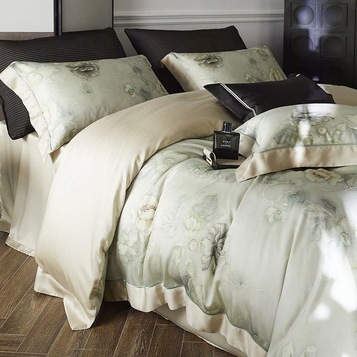 Premium-Baumwollsatin-Duvetbezug-Set mit Aquarellblumenmuster und seidig-mattem Griff