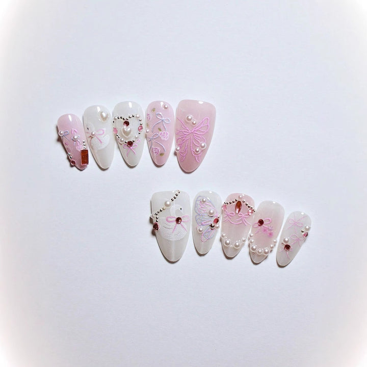 Dekorative 3D Schleife und Perle Press-On Nagelkunst Karnz