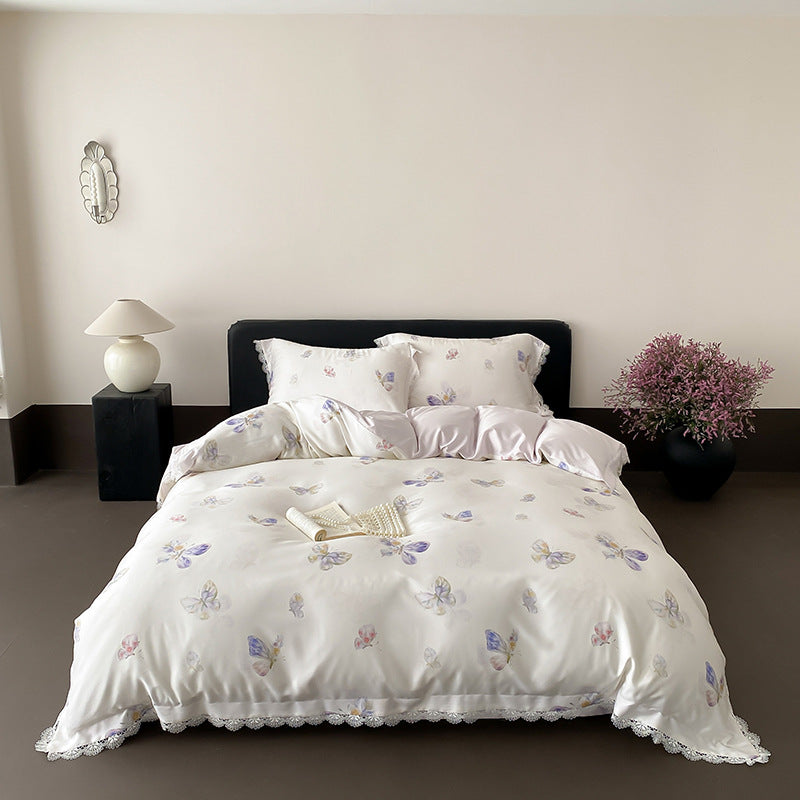 Bettwäsche-Set aus Satin mit Schmetterlingsmuster und Spitzenrand