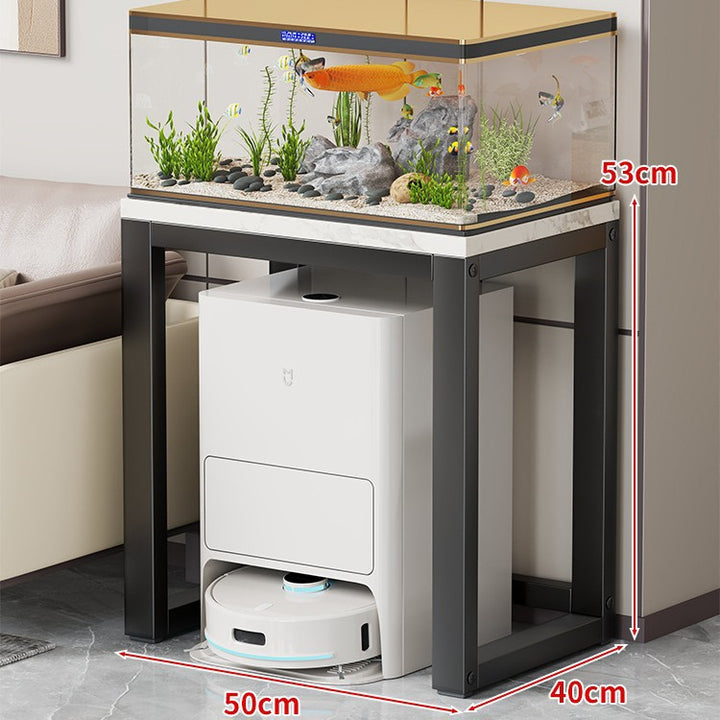 Gold-Metall-Aquarium-Konsole mit Kunstmarmorplatte und Robotersauger-Aufbewahrung