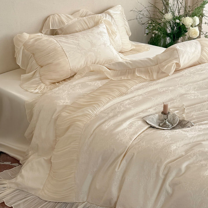 Luxuriöses Jacquard-Satin Bettwäsche-Set mit gepolstertem Chiffon-Rüschensaum & Oxford-Kissenbezügen
