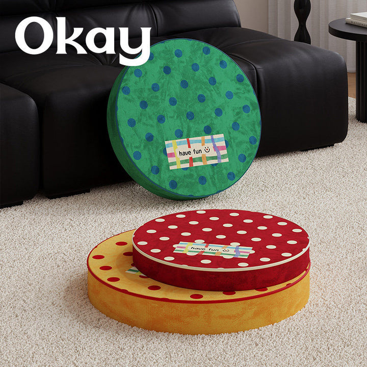 Round Plush Floor Cushion Pouf with Polka Dot Texture and Playful Have Fun Patch