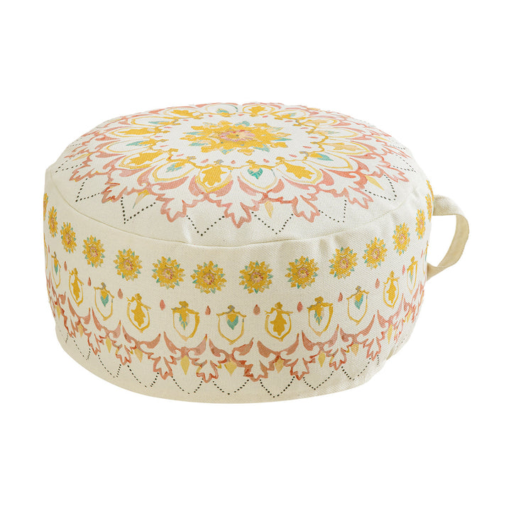 Rundes Sitzpouf mit gewebtem Baumwollbezug und ethnischem Mandala-Print Karnz