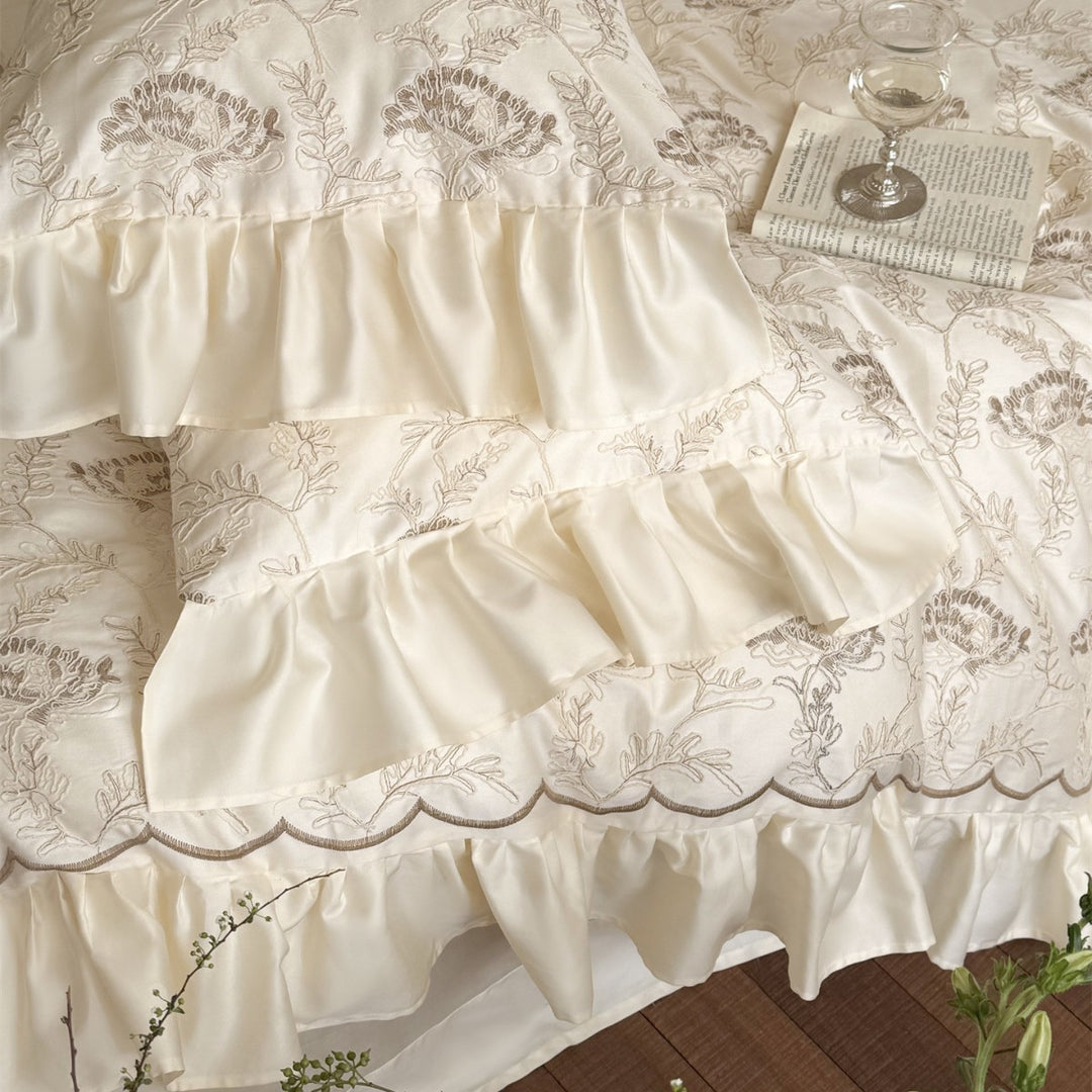 Luxus Gestickte Florale Baumwollsatin Bettbezug Set mit Wellensaum & Wendbarem Satin Rücken