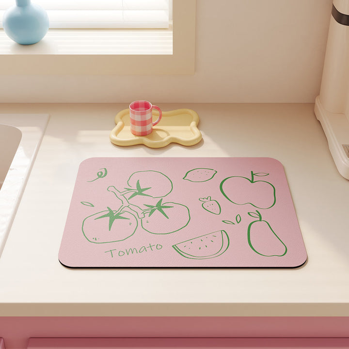 Non-Slip Heat-Resistant Kitchen Dish Drying Mat with Cute Tea Doodle Print