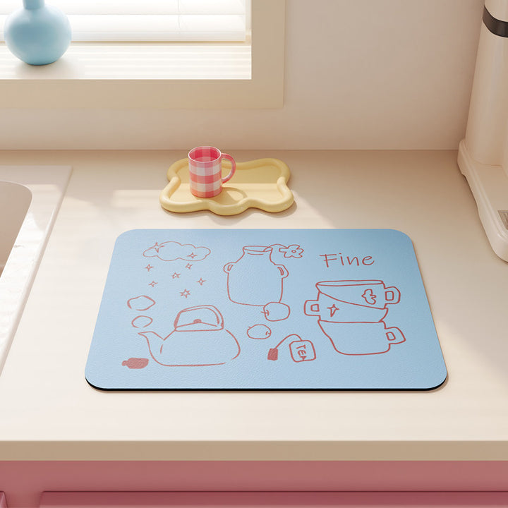 Non-Slip Heat-Resistant Kitchen Dish Drying Mat with Cute Tea Doodle Print
