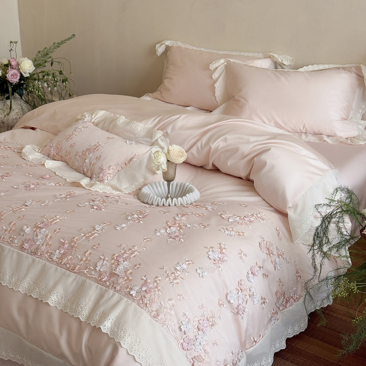 besticktes Luxus-Bettwäsche-Set aus Baumwollsatin mit Spitzenbordüre