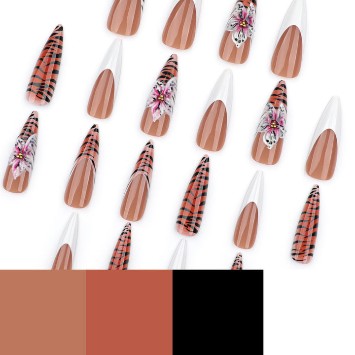 Kunstvolle Stiletto-Nägel mit floralem und tierischem Design Karnz