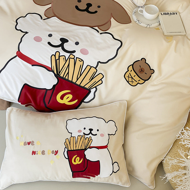 Kuscheliges Bettwäscheset mit niedlichen Cartoon-Hunden und Pommes-Design