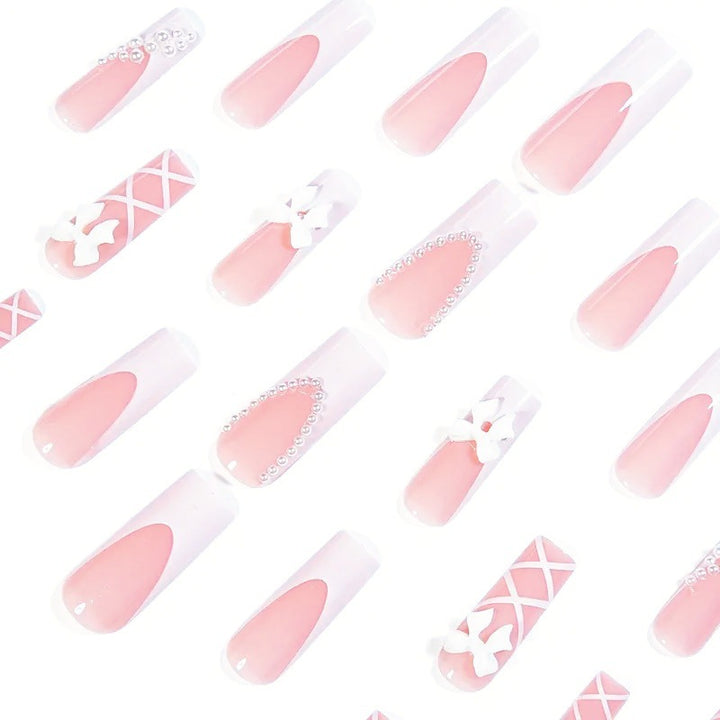 Kunstnagelset mit eleganten 3D- Schleifen und Perlenverzierungen Karnz