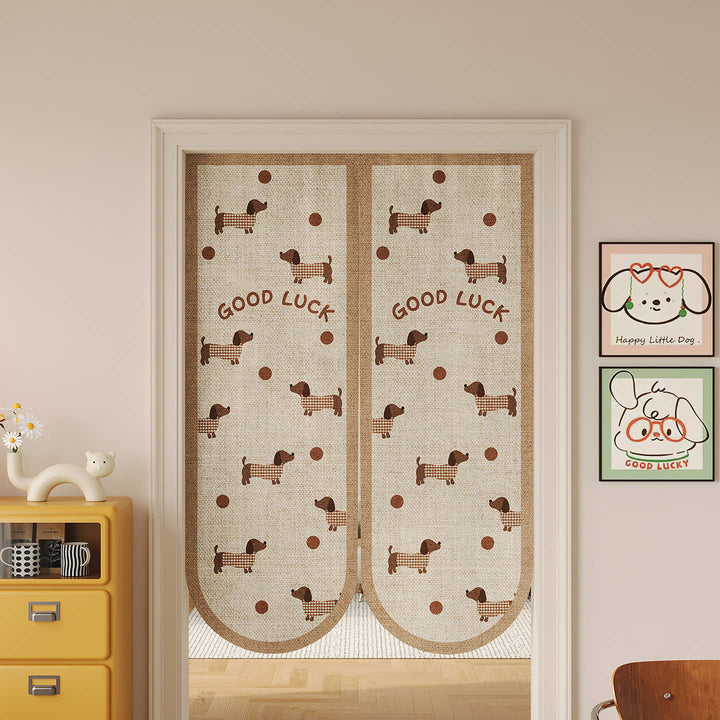 Split Noren Door Curtain Linen-Blend Dachshund Pattern Privacy Panel
