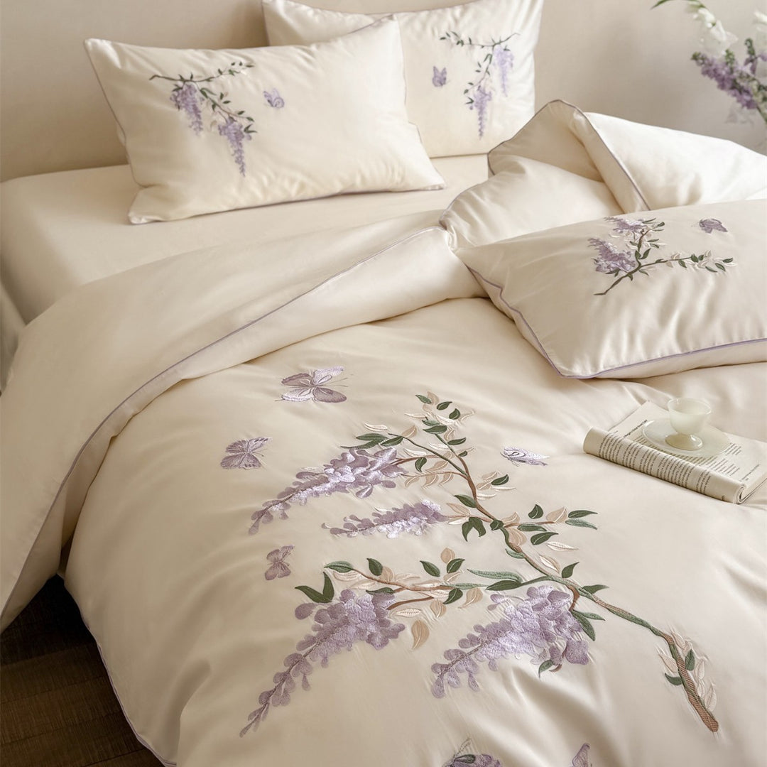 Gestickte Botanische Satin Bettbezug Set mit Zartem Glyzinienmotiv