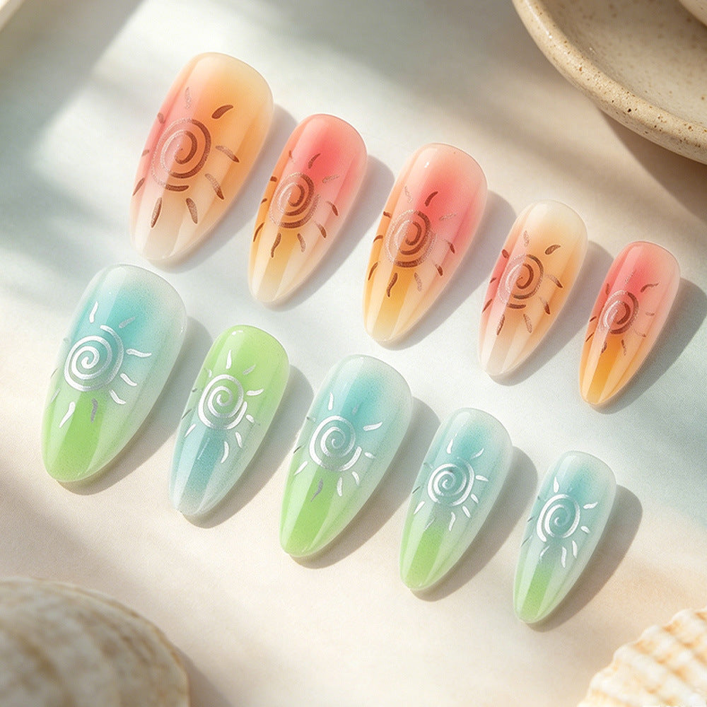 Künstlerisches Press-On-Nagelset mit Sonnendesigns Karnz