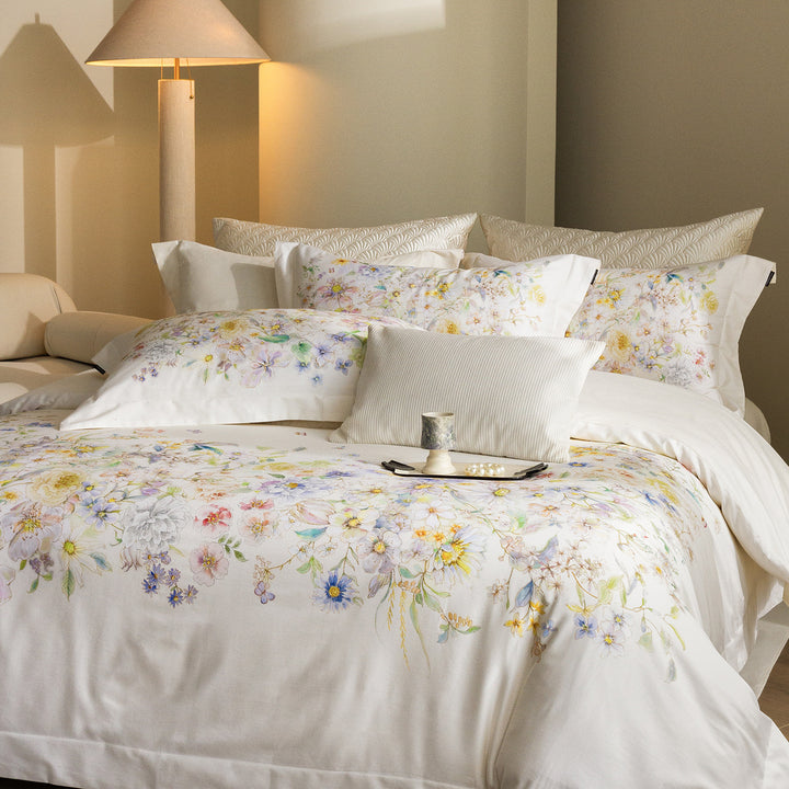 Florales Baumwollsatin-Bettbezug-Set mit zartem Aquarellblumenprint und luxuriösem Softfinish