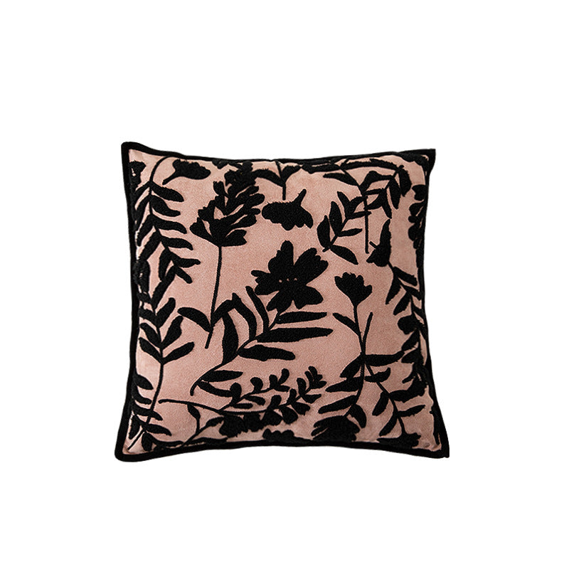 Quadratisches Zierkissen mit floraler Flockstickerei und feiner Paspelkante