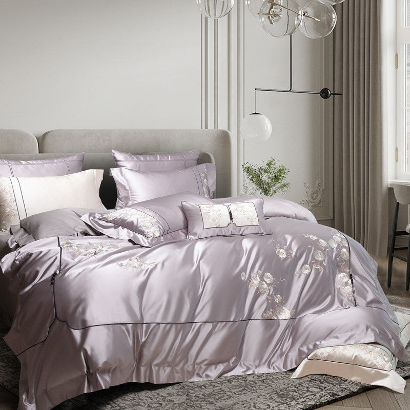 Luxus Satin-Look Floral Bestickte Bettbezug-Set mit verstecktem Reißverschluss & Oxford Kissenbezügen