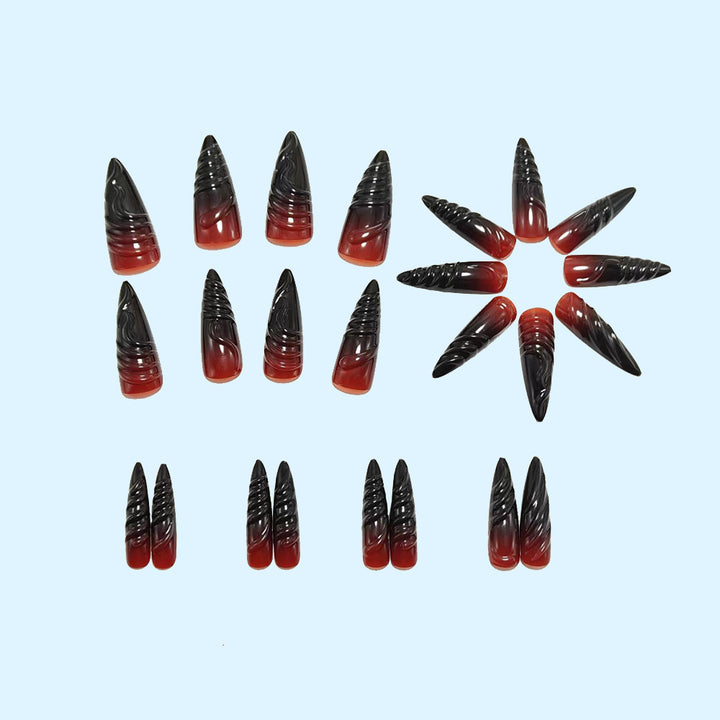 Kunstnagelset mit Eleganten Spitzen und Schwarz-Rotem Farbverlauf Karnz