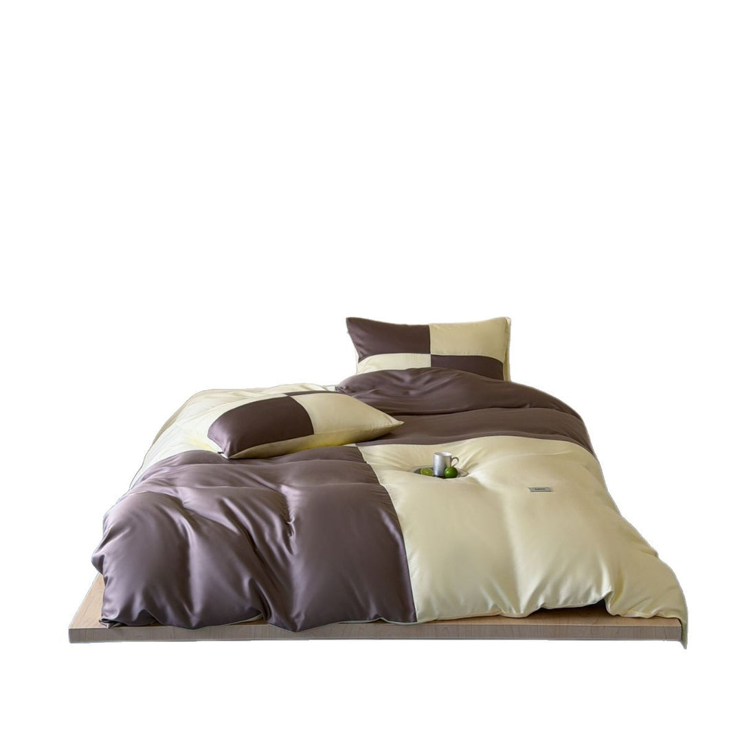 Zweiseitiges glänzendes Satin-Bettwäsche-Set mit kontrastierenden Paneelen und seidigem Griff
