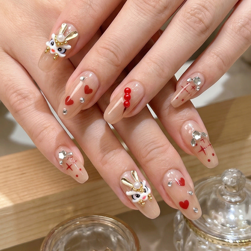 Künstlerisches Press-On Nagelset mit thematischen Hasen- und Herzdesigns Karnz