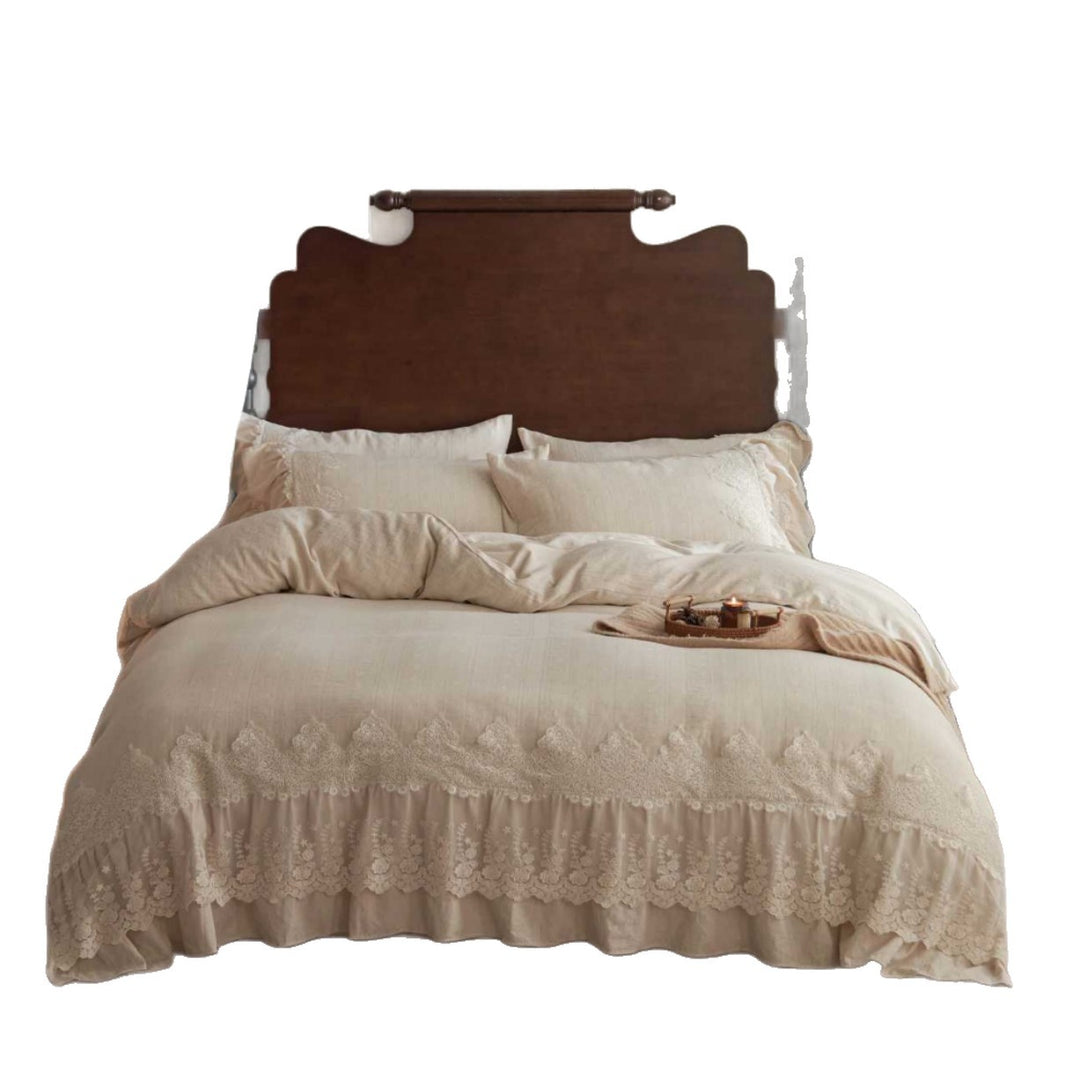 Textured Linen-Blend Duvet Cover Set with Scalloped Lace Appliqué and Ruffled Bed Skirt