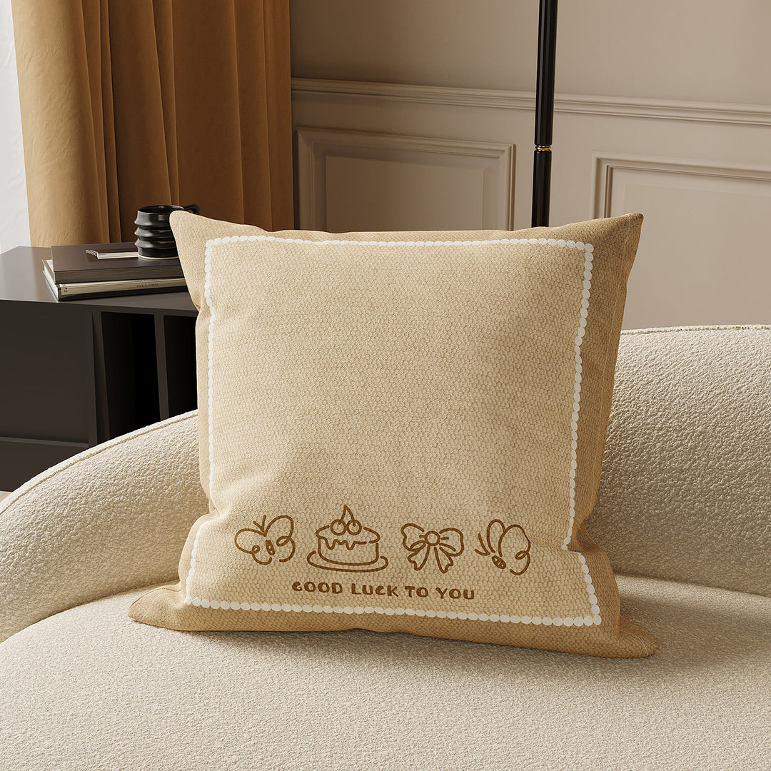 Square Textured Bouclé Throw Pillow Cover with Embroidered Teddy Motif