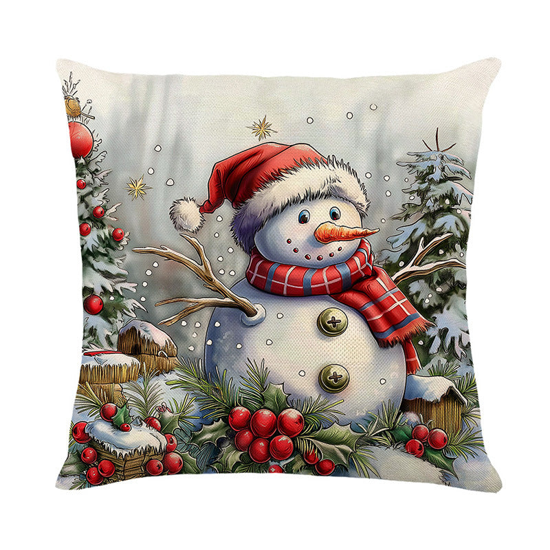 Urlaubsfestliche Leinenmischung Quadratische Kissenbezug mit Schneemann und Winterlandschaft Druck