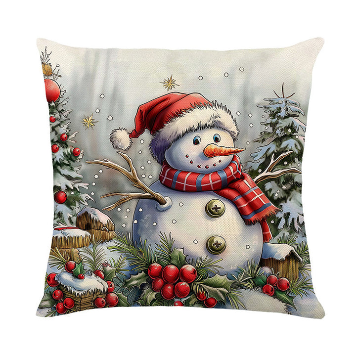 Urlaubsfestliche Leinenmischung Quadratische Kissenbezug mit Schneemann und Winterlandschaft Druck