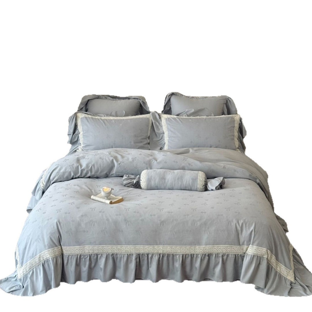 Leinen-Mischung Jacquard Floral Bettbezug Set mit Rüschensaum und dekorativem Bolster