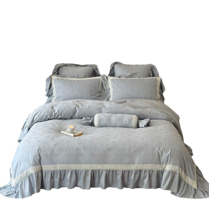 Leinen-Mischung Jacquard Floral Bettbezug Set mit Rüschensaum und dekorativem Bolster