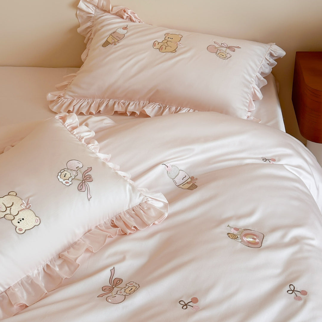 Rüschentiertes besticktes Baumwollsatin-Bettbezug-Set mit Teddy- und Eiscreme-Motiven