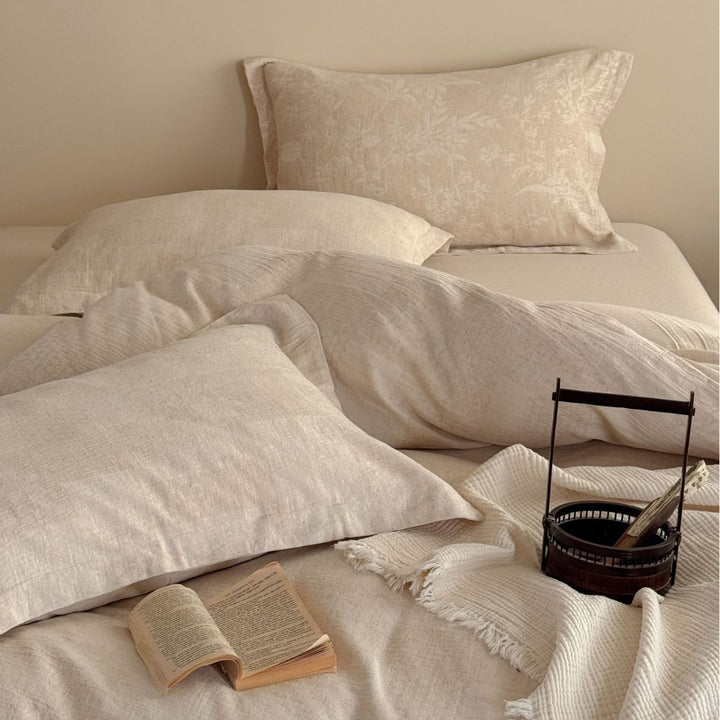 Washed French-Linen Feel Patchwork Duvet Cover Set with Subtle Jacquard Texture and Envelope Closure