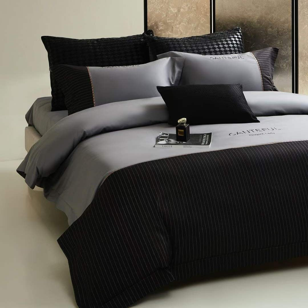 Luxuriöses Satin-Feel Wendebettbezug- und Kissenbezug-Ensemble mit Streifenbettdecke