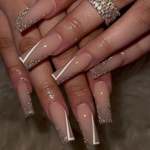 Elegante Glitzer Französisch Tip Acrylnägel Karnz