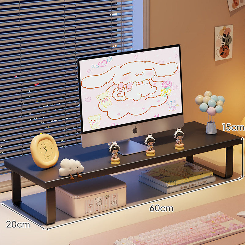 Kompakte Holz-Desktop-Monitorerhöhung mit Metallbeinen und unterer Ablagefläche