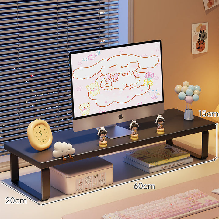 Kompakte Holz-Desktop-Monitorerhöhung mit Metallbeinen und unterer Ablagefläche