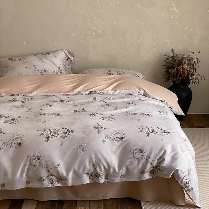 Premium-Baumwollsatin-Duvetbezuggarnitur mit floralem Jacquard-Relief und Knopfverschluss