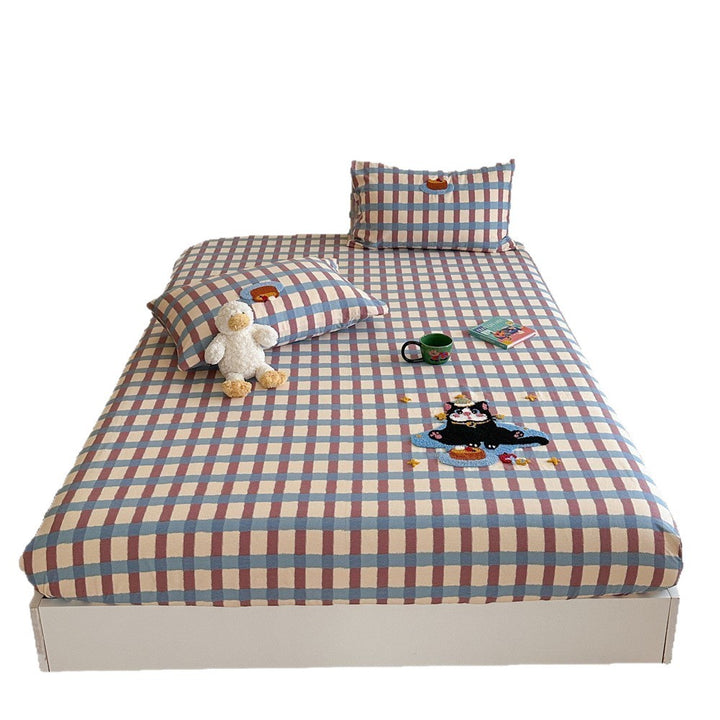 Gingham-Check-Baumwoll-Spannbettlaken und Kissenbezug Bettwaren-Set mit gesticktem Teddy
