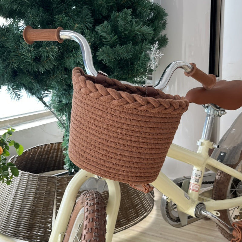 geflochtenes Seil Fahrradkorb mit Pompon-Verzierungen und Lederlenker-Riemen Karnz