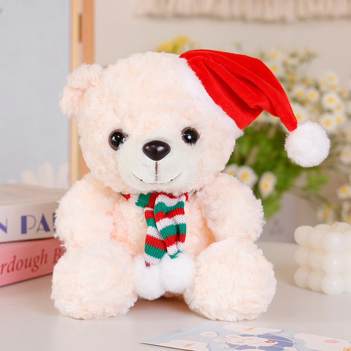 Festlicher Feiertags-Plüschbär Dekorative sitzende Kuschelfigur mit Pom-Pom-Schal & Veloursmütze Karnz