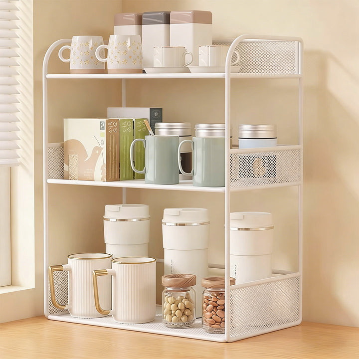 Gestaffelter Metall-Mesh-Arbeitsflächen-Organizer mit erhöhten Mesh-Seiten