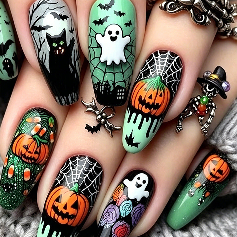 Halloween Kunstnagel-Set mit kreativen Motiven und 3D-Elementen Karnz