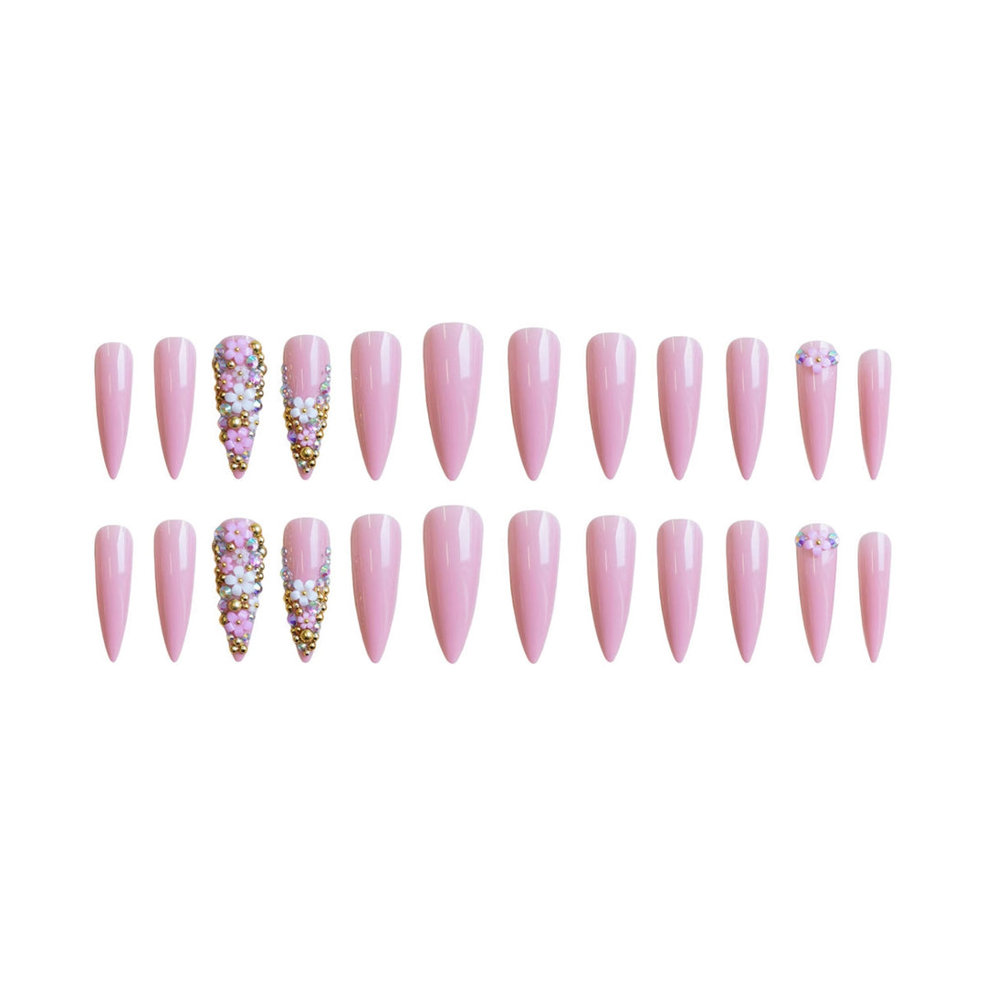 Kunstnagelset mit floralen 3D-Verzierungen und Glitzer Karnz